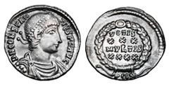 CONSTANTIUS II, 337-361 AD. AR Siliqua (2.36 gm) of Arles. Diademed draped and cuirassed bust / VOTIS XXX MVLTIS XXXX in wreath. RIC.207b. Toned XF. ex E. Harptree Hoard. The East Harptree Hoard was d