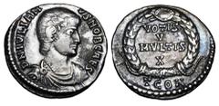 JULIAN II the APOSTATE, Caesar, 355-361 AD. AR Siliqua (2.40 gm) of Arelate. Bare-headed draped bust / VOTIS V MVLTIS X in wreath. RSC.264c. Toned VF+. ex. E. Harptree hoard. The East Harptree Hoard w