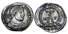 JULIAN II, 360-363 AD. AR Siliqua (1.93 gm) of Lyons. Diademed draped and cuirassed bust / VOTIS V MVLTIS X in wreath. RIC.233a. Toned Near Mint. ex E. Harptree hoard. The East Harptree Hoard was disc