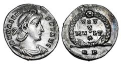 VALENS, 364-378 AD. AR Siliqua (2.16 gm) of Rome 364-7. Diademed draped bust / VOT V MVLT X in wreath. RIC.10(c). Toned XF. ex E. Harptree Hoard. The East Harptree Hoard was discovered in 1887 by Mr. 