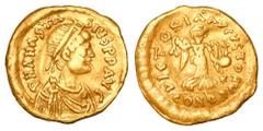 BYZANTINE EMPIRE. Anastasios I, 491-518 AD. Gold Tremissis (1.46 gm) of Constantinople. Diademed bust right / Angel standing. S.8. VF, usual slightly wavy planchet.