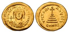 BYZANTINE EMPIRE. Tiberios II, Constantine, 578-582 AD. Gold Solidus (4.36 gm) of Constantinople. Crowned bust facing / Cross on four steps. S.422. XF. Scarce.