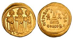 BYZANTINE EMPIRE. Heraklios, 610-641 AD. Gold Solidus (4.45 gm) of Constantinople. Emperor & two sons standing / Cross on steps. S.762. aXF. Scarce.