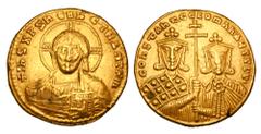 BYZANTINE EMPIRE. Constantine VII & Romanos I, 913-959 AD. Gold Solidus (4.43 gm) of Constantinople. Bust of Christ facing / Cross between both emperors. S.1751. VF+. Scarce.