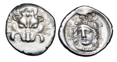 LYCIA Dynasts. Vekhssere II, 410-380 BC. AR Third Stater (3.02 gm), Zagaba mint. Lion scalp facing / Athena wearing triple-crested helmet 3/4 left. Reuter.128. Podalia.14v. Toned VF+. Rare.