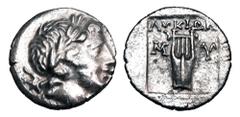 LYCIA, Lycian League, Myra. 167-81 BC. AR Drachm (2.81 gm), period II. Laureate head of Apollo / Lyre in incuse square. Trox.28. aXF. Scarce.