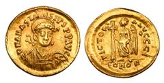 BYZANTINE EMPIRE. Anastasios I, 491-518 AD. Gold Solidus (4.31 gm) of Constantinople. Helmeted bust 3/4 facing right / Angel standing left holding cross. S.3. VF+. Scarce.