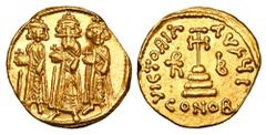 BYZANTINE EMPIRE. Heraklios, 610-641 AD. Gold Solidus (4.37 gm) of Constantinople. Emperor standing between both sons / Cross on three steps. S.767. XF+.