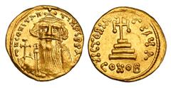 BYZANTINE EMPIRE. Constans II, 641-668 AD. Gold Solidus (4.38 gm) of Constantinople. Crowned & bearded bust facing / Large cross on three steps. S.956. XF