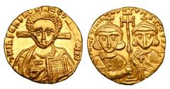 BYZANTINE EMPIRE. Justinian II, 2nd reign, 705- 711 AD. Gold Solidus (4.30 gm) of Constantinople. Young bust of Christ facing / Crowned facing busts of emperor & son. S.1415. Hahn.2b. XF+. Scarce.