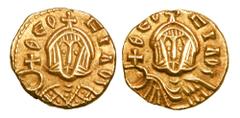 BYZANTINE EMPIRE. Theophilos, 829-842 AD. Gold Semissis (1.68 gm) of Syracuse. Crowned bust wearing loros, holding orb / Crowned bust wearing chlamys holding orb. S.1674. aXF.