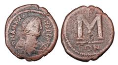 Byzantine BYZANTINE EMPIRE. Anastasios I, 491-518 AD. AE Small Module Follis (8.94 gm) of Constantinople. Diademed bust right / Large M. S.14. aVF, brown patina.