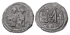 Byzantine BYZANTINE EMPIRE. Justin II, 565-578 AD. AE Follis (16.14 gm) of Constantinople, yr. 6. Justin and Sophia enthroned / Large M. S.360. VF, brown black patina.
