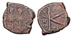 Byzantine BYZANTINE EMPIRE. Justin II, 565-578 AD. AE Half-Follis (5.57 gm) of Thessalonica, yr. 11. Justin and Sophia enthroned facing / Large K, cross above. S.366. VF, brown patina.