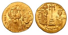 Byzantine BYZANTINE EMPIRE. Constans II, 641-668 AD. Gold Solidus (4.38 gm) of Constantinople. Facing busts of Constans & Constantine IV / Cross between Heraclius & Tiberius. S.962. XF, some luster.