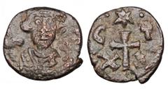 Byzantine BYZANTINE EMPIRE. Constans II, 641-668 AD. AE Half Follis (3.93 gm) of Carthage. Crowned bust facing holding mappa and orb / Large cross between C and T, XX below. S.1059. VF, dark green pat