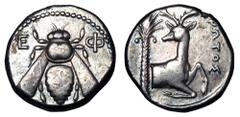 Greek Coins IONIA, Ephesos. 390-330 BC. AR Tetradrachm (15.21 gm). Bee with straight wings / Forepart of running stag right, head reverted, palm tree behind. S.4137v. Toned VF+.
