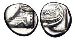 Greek Coins LYCIA, Phaselis. 500-440 BC. AR Tetrobol (3.17 gm). Prow of galley in the form of a forepart of a boar / Stern of galley in incuse square. SNG.vAulock.4394. VF.