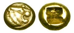 Greek Coins KINGDOM of LYDIA. Alyattes, 650-561 BC. Electrum Hemihekte (1.06 gm). Head of roaring lion with wart on nose / Incuse square. Rosen.654. Weid.90. Nice VF. One of the first coins struck by 