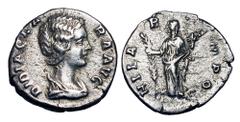 Roman Imperial Coins DIDIA CLARA, daughter of Didius Julianus, 193 AD. AR Denarius (2.38 gm). Draped bust / Hilaritas standing with long palm and cornucopia. RSC.3. RIC.10(R4). VF. Very Rare. Beautifu