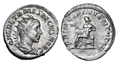 Roman Imperial Coins HERENNIUS ETRUSCUS, 251 AD. AR Antoninianus (3.88 gm) of Rome, as Caesar, 249-51 AD. Radiate draped bust / Apollo seated, with branch. RIC.146(R). XF, worn rev die. Rare.