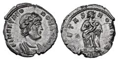 Roman Imperial Coins THEODORA, stepmother of Constantine I, d. 328 AD. Æ Reduced Follis (1.37 gm) of Trier 337-40. Draped bust / Pietas standing holding infant. RIC.48(R). Near Mint, dark brown patina