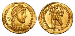 Roman Imperial Coins VALENTINIAN I, 364-375 AD. Gold Solidus (4.44 gm) of Antioch. Diademed bust / Emperor standing holding standard and victory on globe. RIC.2a. aXF.