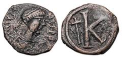 Byzantine Coins BYZANTINE EMPIRE. Justin I, 518-527 AD. Æ Half Follis (9.31 gm) of Nikomedia, off A. Diademed bust right / Large K, cross between N-I. S.90. VF, brown patina. Scarce. ex Hoffman collec