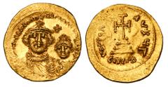 Byzantine Coins BYZANTINE EMPIRE. Heraklios, 610-641 AD. Gold Solidus (4.43 gm) of Constantinople. Crowned facing busts of emperor & son / Cross on four steps. S.743. aXF, weak spot.