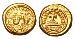 Byzantine Coins BYZANTINE EMPIRE. Heraclius, 610-641 AD. Gold Solidus (4.42 gm) of Carthage, yr 4 = 615/616. Emperor and Heraclius Constantine / Cross on two steps. S.867. VF+. Scarce.