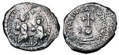 Byzantine Coins BYZANTINE EMPIRE. Heraklios, 610-641 AD. AR Hexagram (6.46 gm) of Constantinople. Emperor and son enthroned / Cross on globe. S.796. Toned VF. Scarce. ex Hoffman collection.