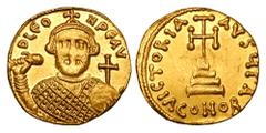 Byzantine Coins BYZANTINE EMPIRE. Leontius, 695-698 AD. Gold Solidus (4.39 gm) of Constatinople. Crowned draped bust with orb / Cross on steps. S.1331. Near Mint, weak center. Rare.