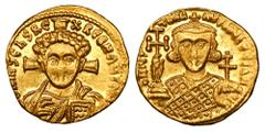 Byzantine Coins BYZANTINE EMPIRE. Justinian II, Second reign, 705- 711 AD. Gold Solidus (4.35 gm) of Constantinople. Young bust of Christ facing / Crowned facing bust of emperor. S.1413. Near Mint, we
