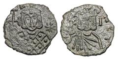 Byzantine Coins BYZANTINE EMPIRE. Leo V, 813-820 AD. Æ Follis (3.34 gm), Syracuse. Facing bust of Leo holding long cross, star in field / Facing bust of Constantine with orb. S.1636v. DO.17.3. Uneven 