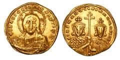 Byzantine Coins BYZANTINE EMPIRE. Constantine VII, 913-959 AD. Gold Solidus (4.37 gm) of Constantinople. Facing bust of Christ / Cross between facing busts of Emperor & Romanos II. S.1751. VF+