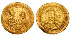 Byzantine Coins BYZANTINE EMPIRE. Basil II, 976-1025 AD. Gold Histamenon Nomisma (4.32 gm) of Constantinople. Bust of Christ facing / Cross between emperor & Constantine VIII. S.1800. VF+. Scarce.