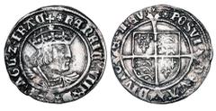 World Coins - Medieval (pre-1500) ENGLAND. Henry VIII, 1509-1547 AD. AR Groat (2.65 gm), Second coinage, i. m. Rose, of London. Crowned bust / Shield of arms on long cross. S.2337E. Toned VF.