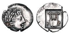Greek LYCIA, Lycian League, Kragos. After 168 BC. AR Hemidrachm (1.84 gm). Laureate head of Apollo / Lyre in shallow incuse square. SNG.Cop.59. Tr.84.40. Toned aXF.
