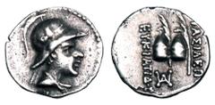 Eastern Cultures BAKTRIAN KINGDOM. Eukratides, 171-145 BC. AR Obol (0.53 gm). Diademed draped bust / Caps of the Dioskouri. SNG.ANS.454. Toned VF+.