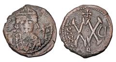 Byzantine BYZANTINE EMPIRE. Tiberius II, Constantine, 578-582 AD. AE Half Follis (5.25 gm) of Antioch, yr. 4 . Crowned bust facing / Large XX. S.452. VF, brown patina.