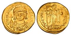 Byzantine BYZANTINE EMPIRE. Maurice Tiberios, 583-602 AD. Gold Solidus (4.40 gm) of Constantinople. Crowned bust facing / Angel standing. S.478. aXF