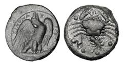 Greek Coins SICILY, Akragas. Before 406 BC. Æ Hemilitron (19.95 gm). Sea-eagle with head back standing on fish / Crab with sea-snake, shell and octopus below. SNG.Cop.72. SNG.ANS.1031 aXF, dark green 