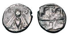 Greek Coins IONIA, Ephesos. 335-320 BC. AR Hemidrachm (1.64 gm) of magistrate Mantikrates. Bee / Quadripartite incuse with magistrate's name on central band. Pixodarus.p.197. GM.273. Toned VF. Scarce.