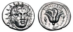 Greek Coins ISLANDS OFF CARIA, RHODOS, Rhodes. 250-229 BC. AR Didrachm (6.69 gm). Timotheos, magistrate. Radiate head of Helios facing slightly right / Rose with bud to right; magistrate's name above,