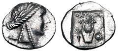 Greek Coins LYCIA. Lycian League, Phaselis. 167-88 BC. AR Hemidrachm (1.78 gm). Laureate head of Apollo / Lyre in shallow incuse square, sword behind shield and torch on either side. Troxell.51. Toned