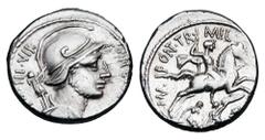 Roman Republican Coins ROMAN REPUBLIC. P. Fonteius P.f. Capito, 55 BC. AR Denarius (3.83 gm) Helmeted head of Mars with trophy behind / Horseman riding over Gaulish warriors. Cr.429/1. Fonteia.17. aXF