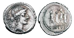 Roman Imperatorial Coins BRUTUS. Assassin of Julius Caesar. AR Denarius (3.50 gm) of 54 BC. Head of Libertas / Brutus walking between accensus and two lictors. Junia.31. Cr.433/1. Toned VF.