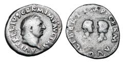 Roman Imperial Coins VITELLIUS AND HIS CHILDREN, 69 AD. AR Denarius (3.17 gm). Laureate bust of Vitellius / confronted busts of Vitellius's son and daughter. RIC.101(R). Toned Fine+. Rare.