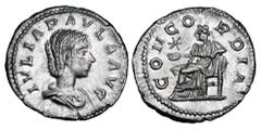 Roman Imperial Coins JULIA PAULA, first wife of Elagabalus, 219 AD. AR Denarius (3.47 gm). Draped bust / Concordia seated holding patera, star at left. RIC.211(S). Toned XF+. Scarce.