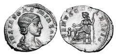 Roman Imperial Coins JULIA SOAEMIAS, mother of Elagabalus, d. 222 AD. AR Denarius (2.56 gm). Draped bust / Venus seated holding apple and sceptre, child in front. RIC.243. Toned XF